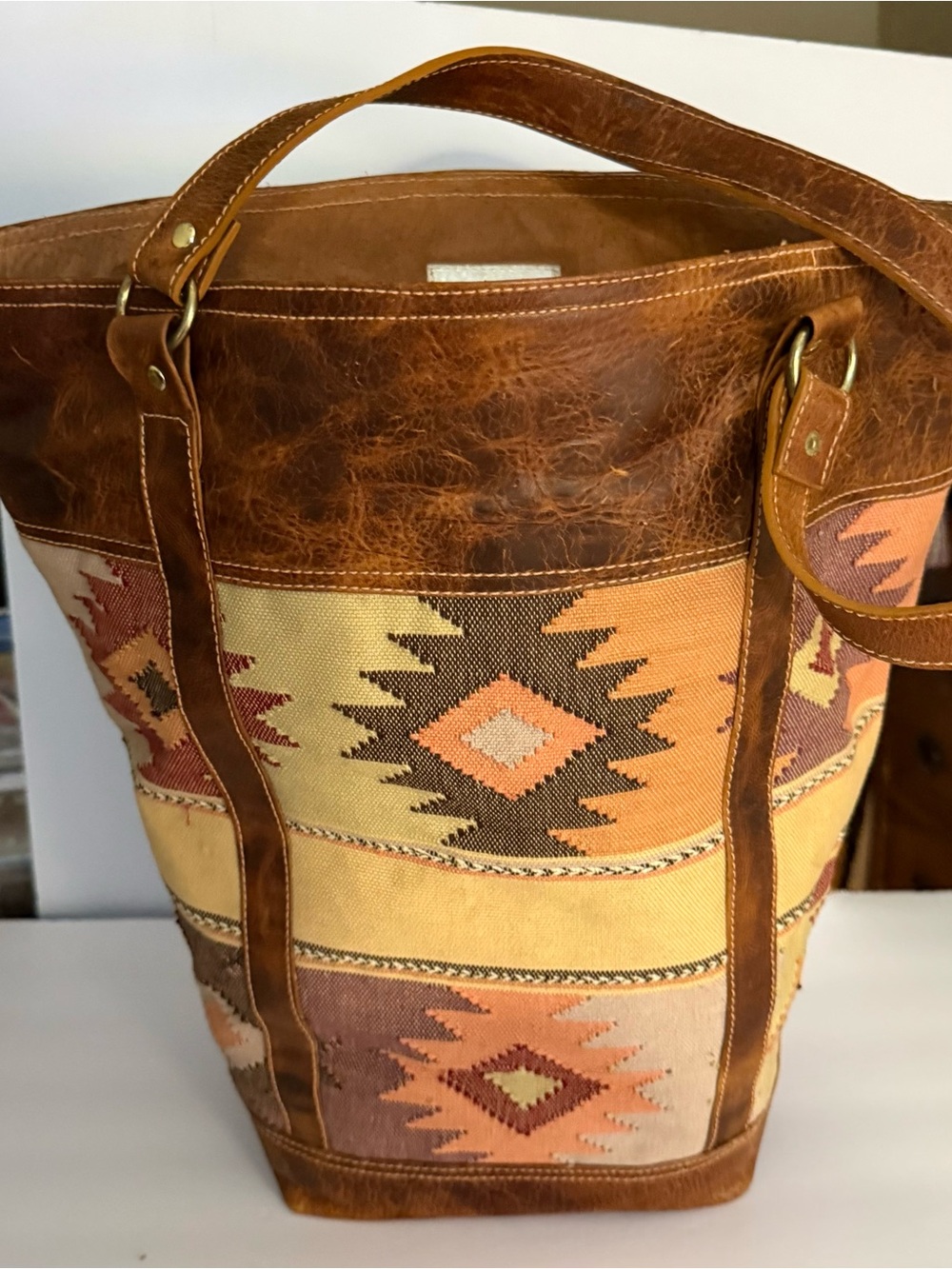 Southwestern Pattern Brown Leather and Multicolor Canvas Tote